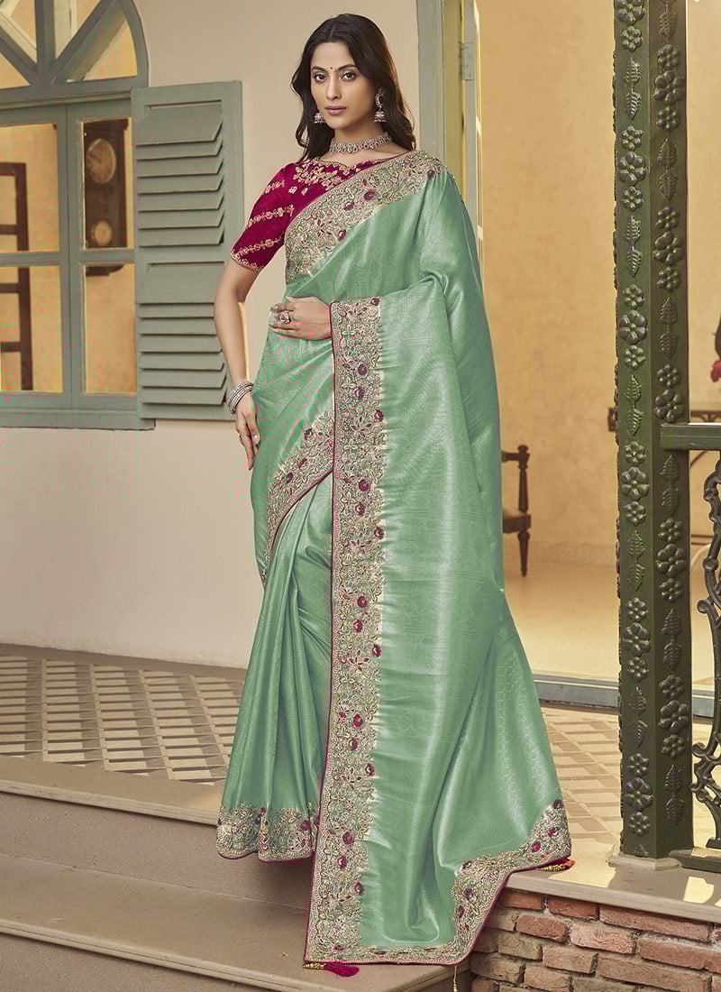 Sea Green Jacquard Silk Stones Embroidered Zari Thread Coding Saree Wedding Wear