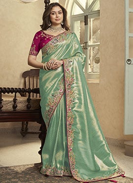 Sea Green Jacquard Silk Zari Sequins Embroidered Stones Thread Coding Saree