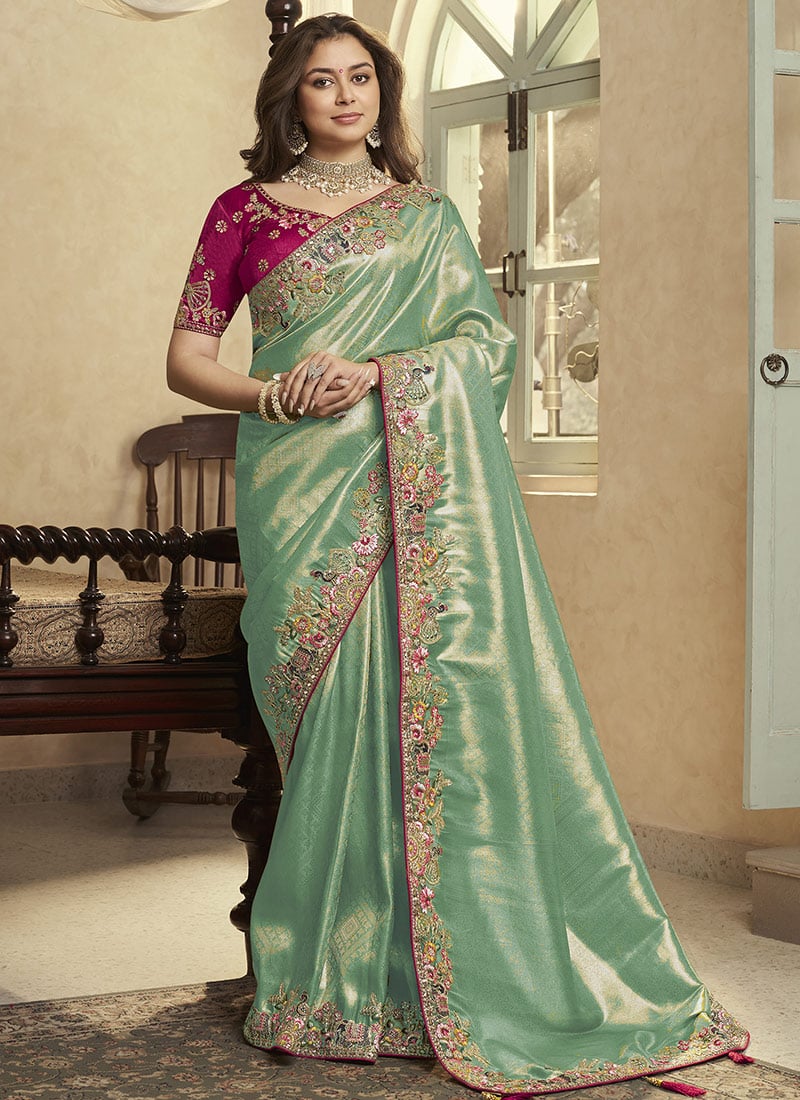 Sea Green Jacquard Silk Zari Sequins Embroidered Stones Thread Coding Saree Wedding Wear