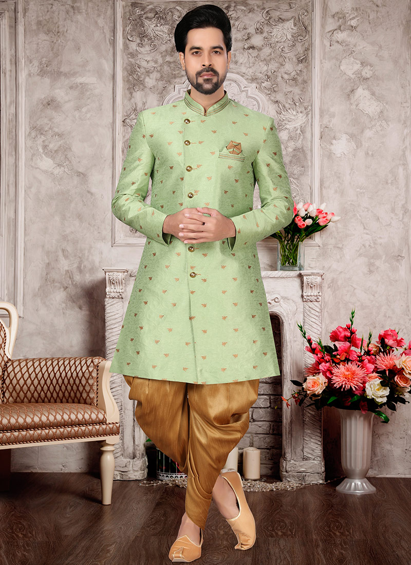 Sea Green Jacquard Silk Zari Work Classic Sherwani