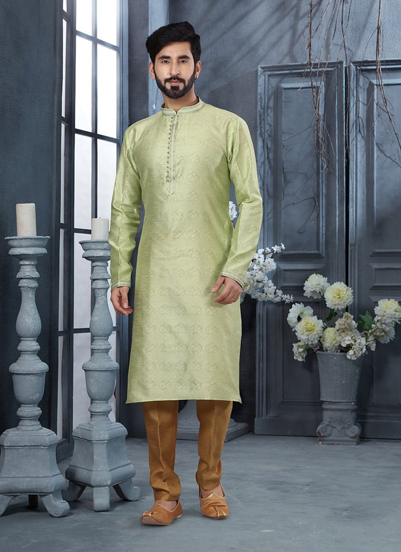 Sea Green Jacquard Silk Zari Work Kurta Pyjama