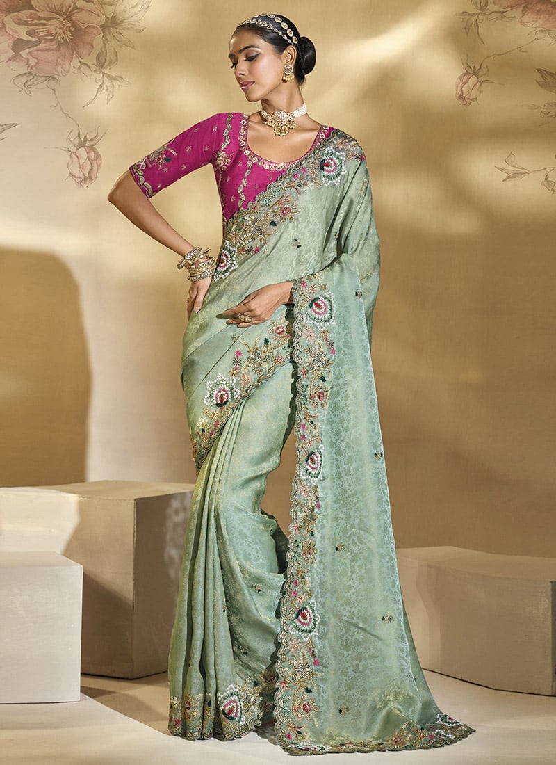 Sea Green Kanjipuram Silk Beads Zari Mirror Work Sequins Thread Cutdana Saree Wedding Wear