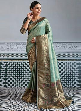 Sea Green Kanjivaram Mul Silk Zari Woven Saree