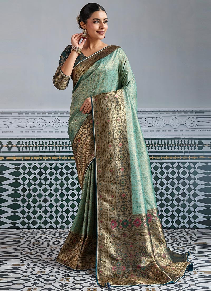 Sea Green Kanjivaram Mul Silk Zari Woven Saree Festive Wear