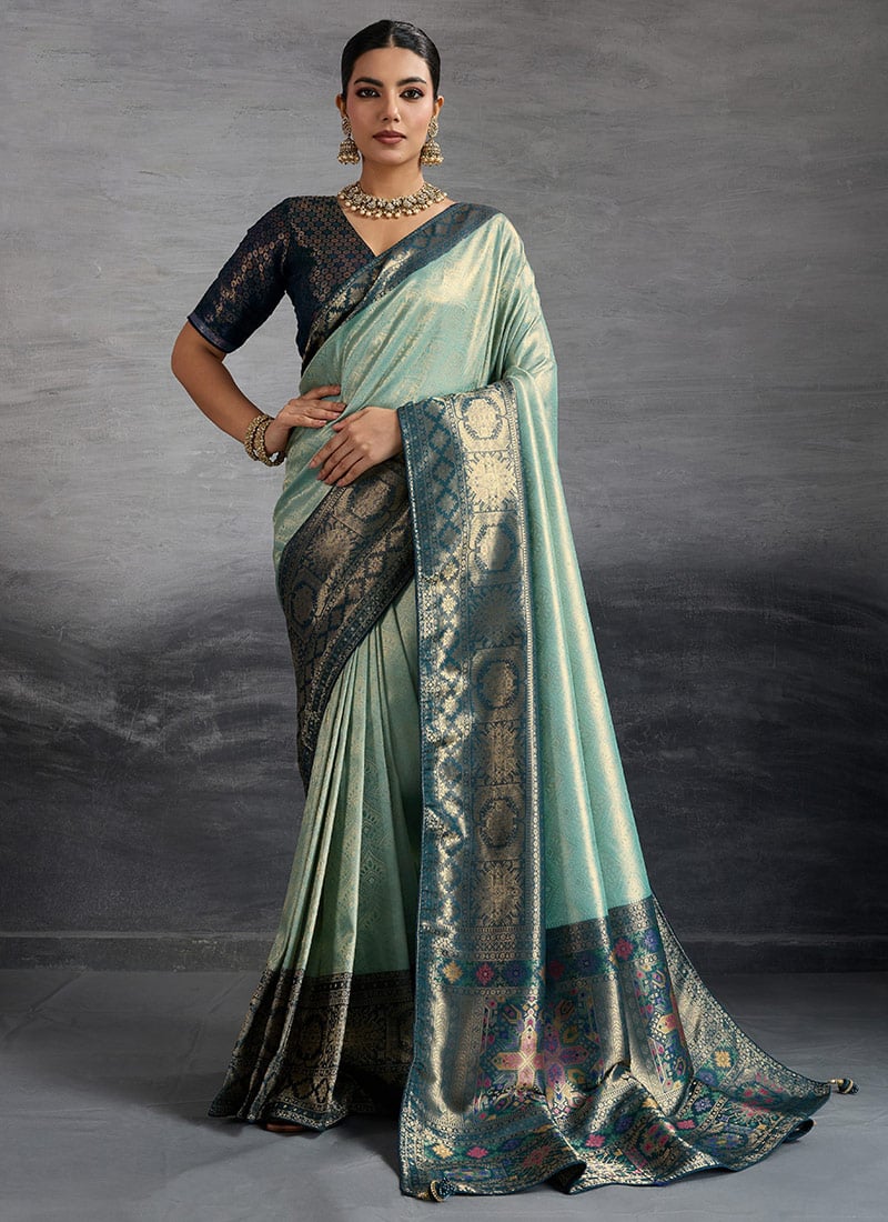 Sea Green Kanjivaram Silk Zari Saree With Kadiyal Pattern Woven Meenakari Woven Pallu