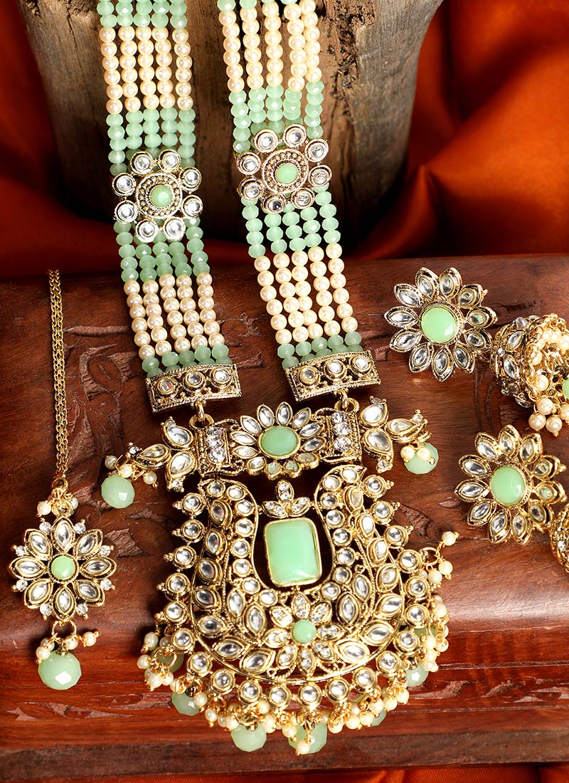 Sea Green Kundan Beaded Bridal Necklace Set