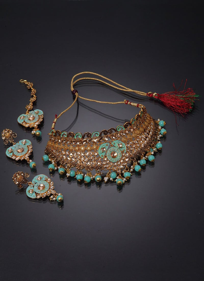 Sea Green Kundan Tassel Golden Plated Necklace Set