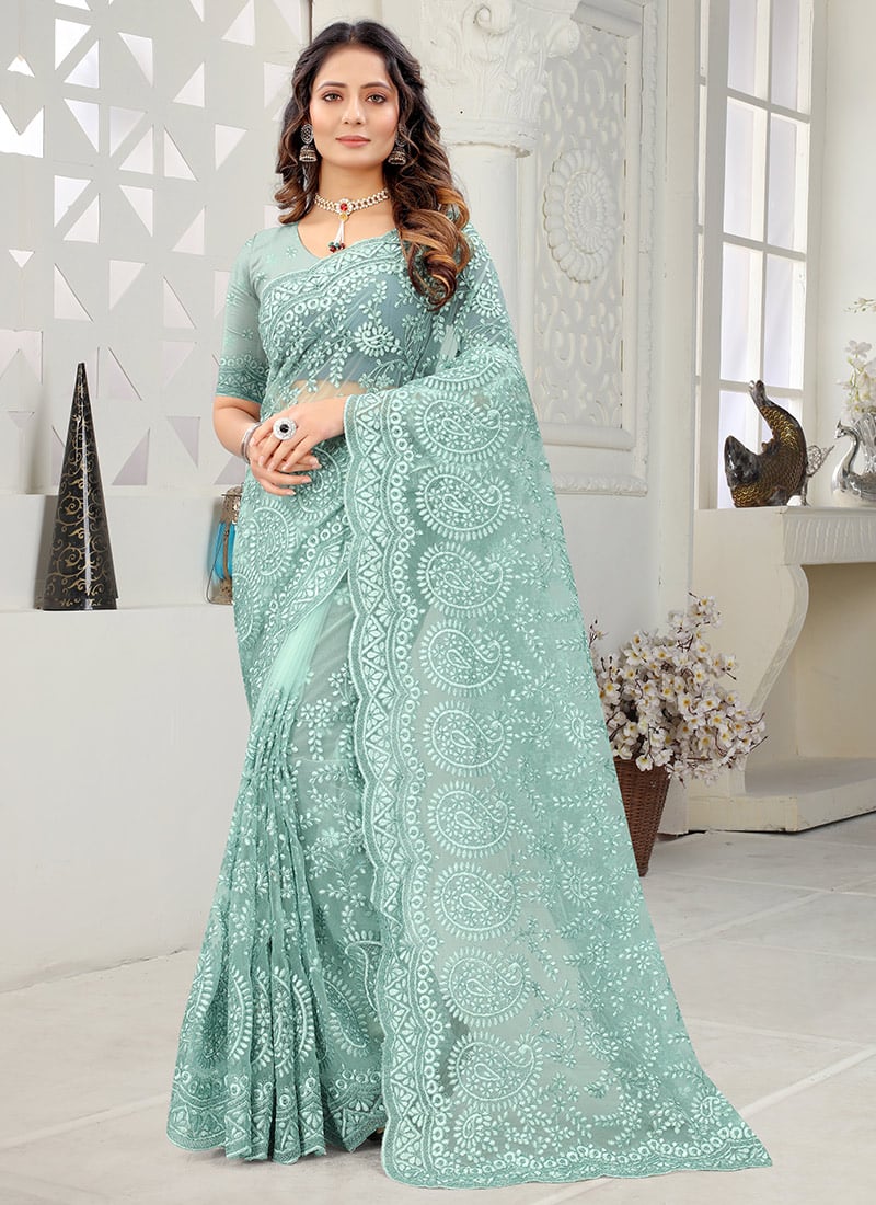 Sea Green Net Embroidered Saree