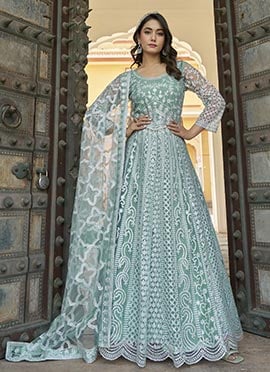 Sea Green Net Embroidered Stone And Mirror Work A Line Anarkali Suit Wedding Wear