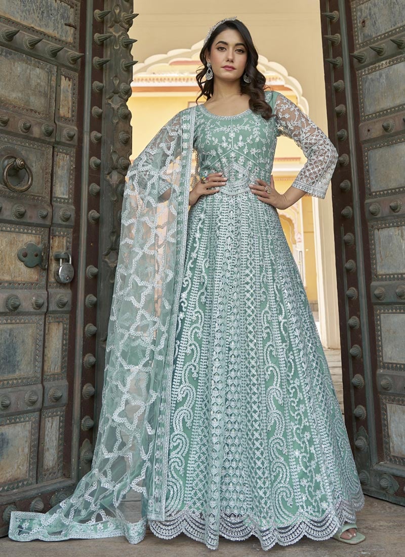 Sea Green Net Embroidered Stone And Mirror Work A Line Anarkali Suit Wedding Wear