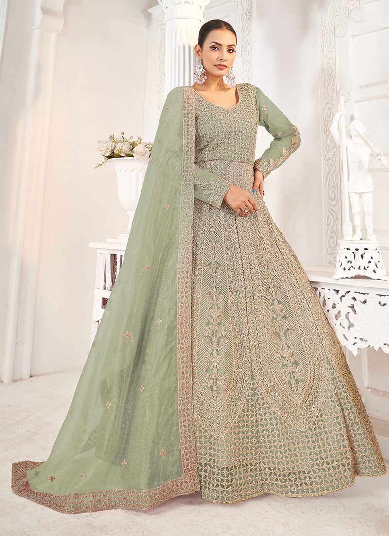 Sea Green Net Embroidered Stone And Sequins Work A Line Anarkali Suit