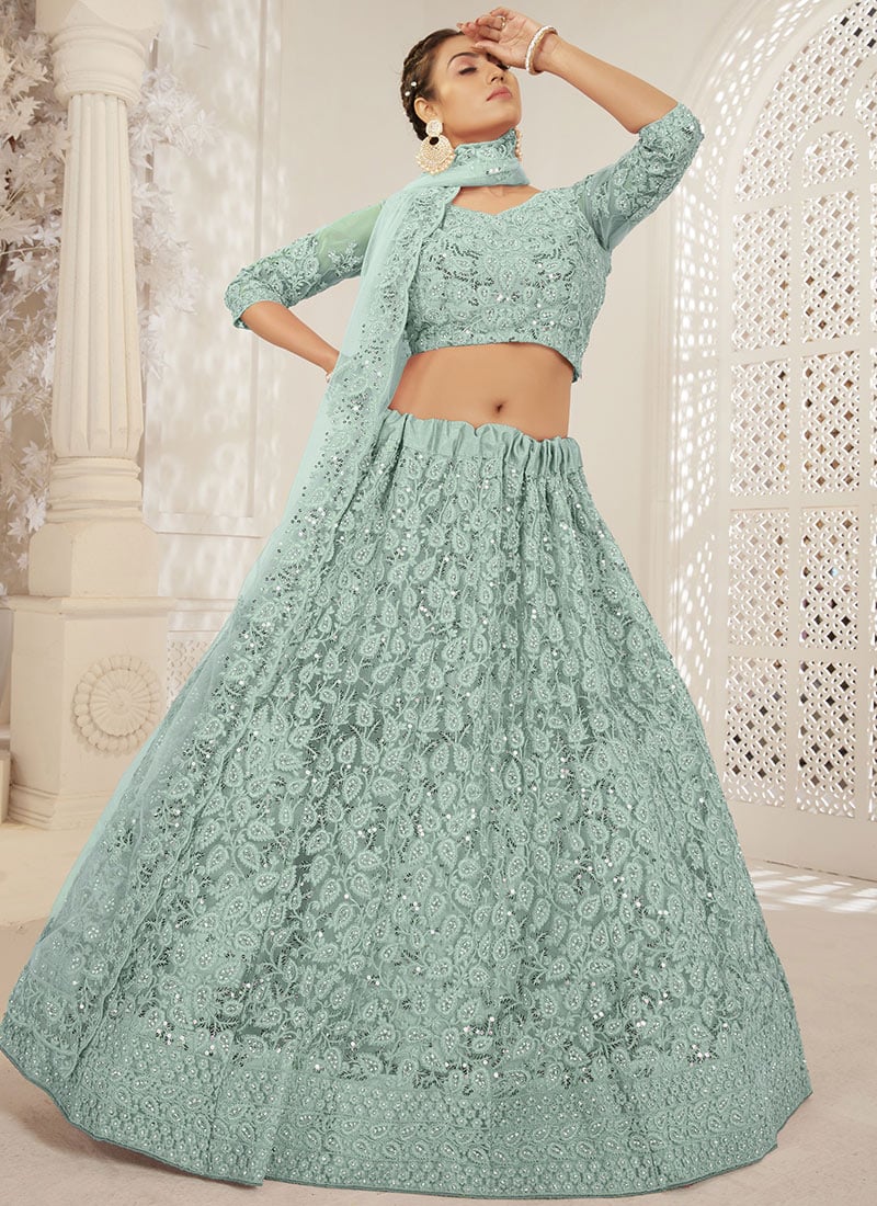 Sea Green Net Embroidered Umbrella Lehenga Festive Wear