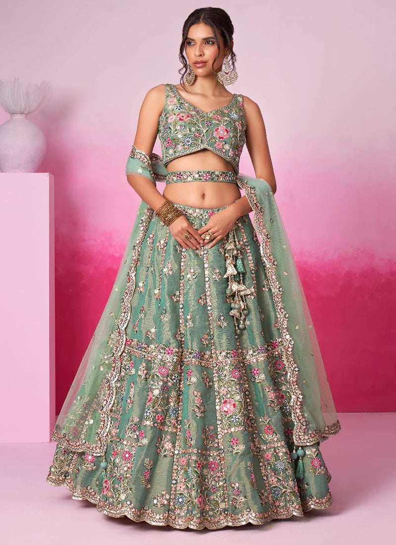 Sea Green Net Moti Embroidered Sequins Lehenga For Gatherings Wedding Wear