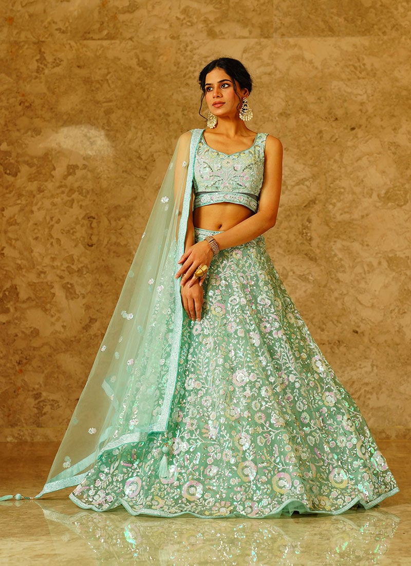 Sea Green Net Sequins Dazzling Lehenga