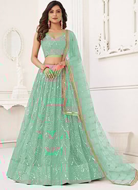 Sea Green Net Sequins Embroidered Mirror Work Lehenga