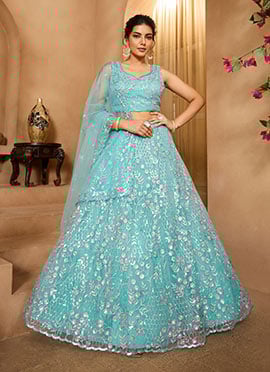 Sea Green Net Sequins Embroidered Umbrella Lehenga Wedding Wear