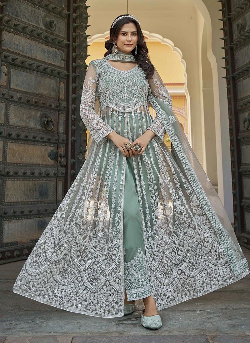 Sea Green Net Stones Embroidered Anarkali Suit Wedding Wear