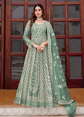 Sea Green Net Zari Embroidered Sequins Stone And Mirror Work Anarkali Suit