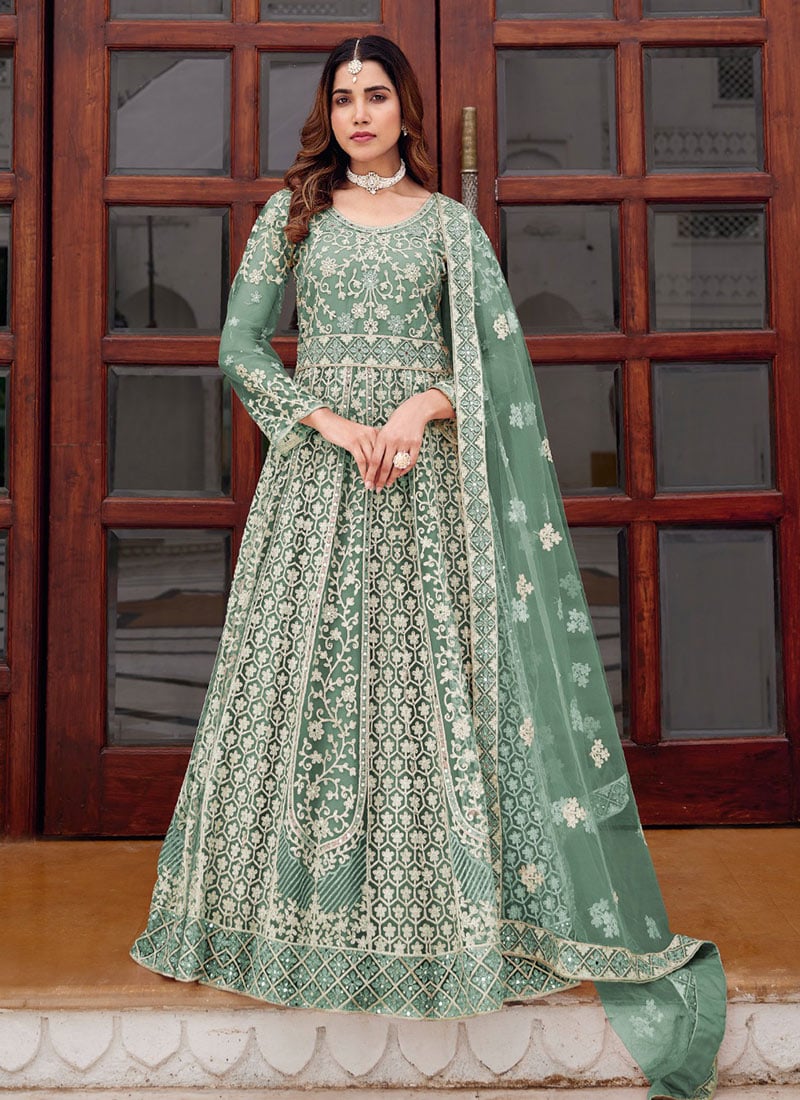 Sea Green Net Zari Embroidered Sequins Stone And Mirror Work Anarkali Suit Festive Wear
