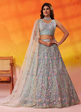 Sea Green Net Zari Embroidered Sequins With Beads Work Lehenga