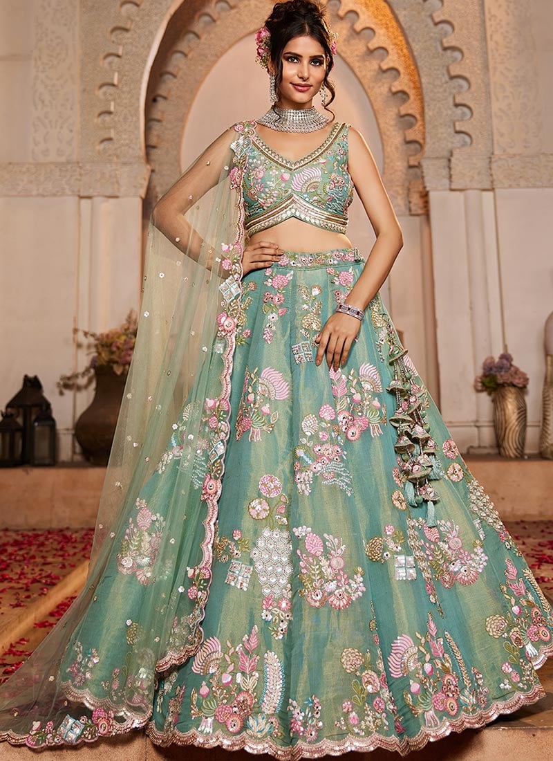 Sea Green Net Zarkan Embroidered Sequins Moti And Stone Work Lehenga Wedding Wear-GHSPC6118SG