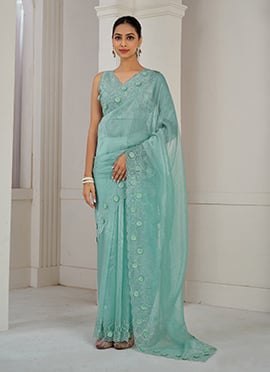 Sea Green Organza Applique With Sequins And Stone Work Saree Festive Wear