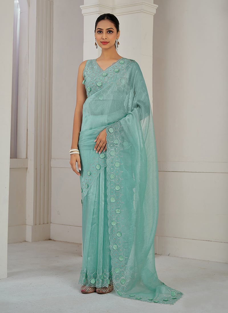 Sea Green Organza Applique With Sequins And Stone Work Saree Festive Wear