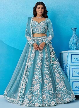 Sea Green Organza Embroidered Sequins Beads Zari Lehenga