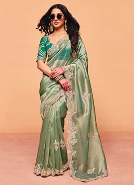 Sea Green Organza Embroidered Sequins Saree