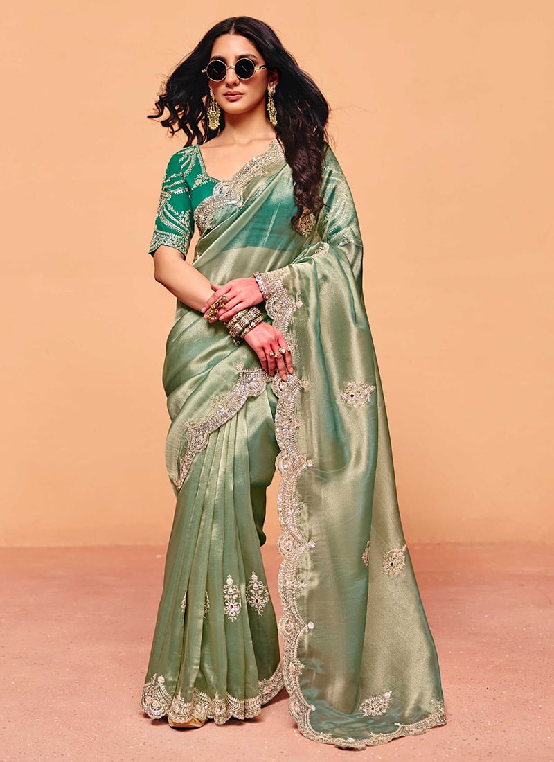 Sea Green Organza Embroidered Sequins Saree Festive Wear