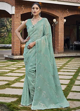 Sea Green Organza Sequins Stone Work Saree