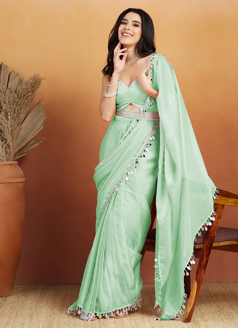 Sea Green Organza Teardrop Lace Border Saree After Six Wear