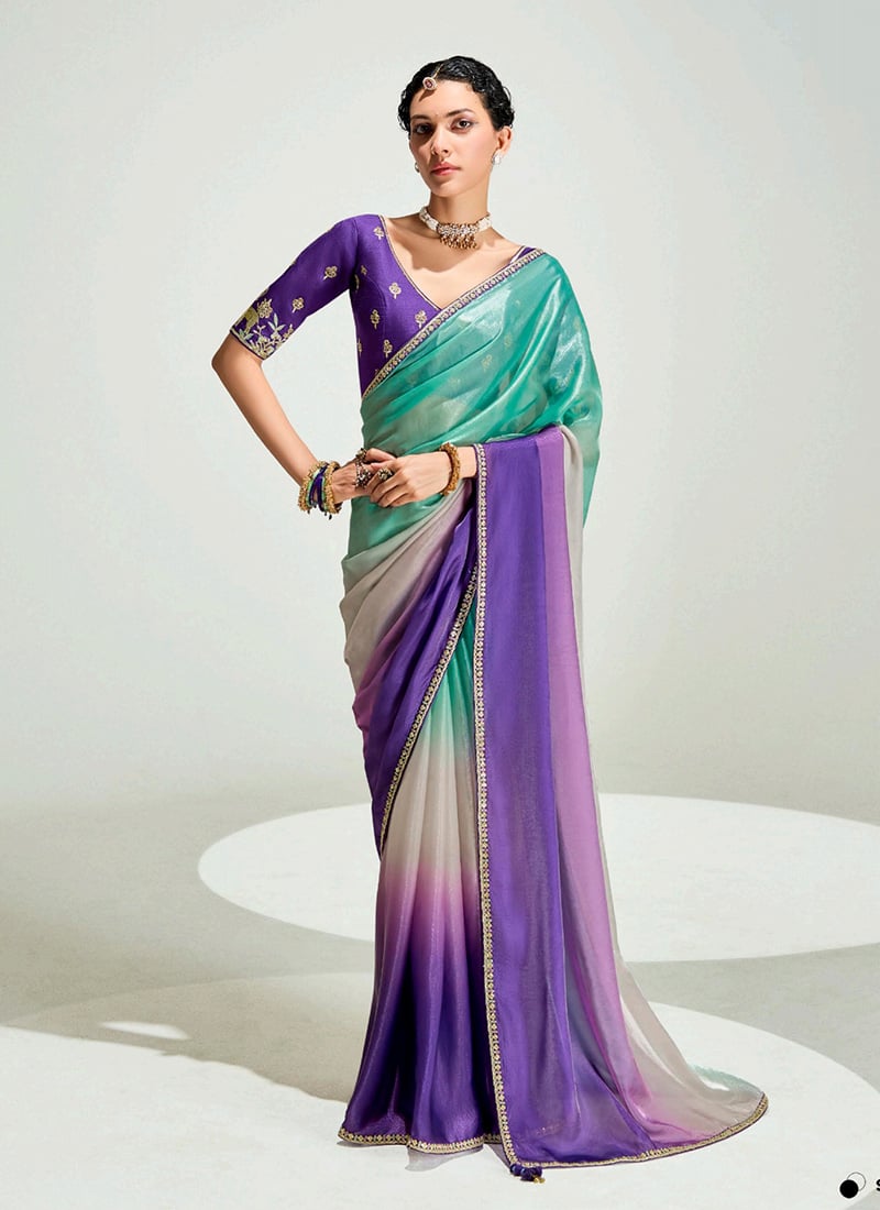 Sea Green Organza Tissue Zari Embroidered Sequins Saree Festive Wear