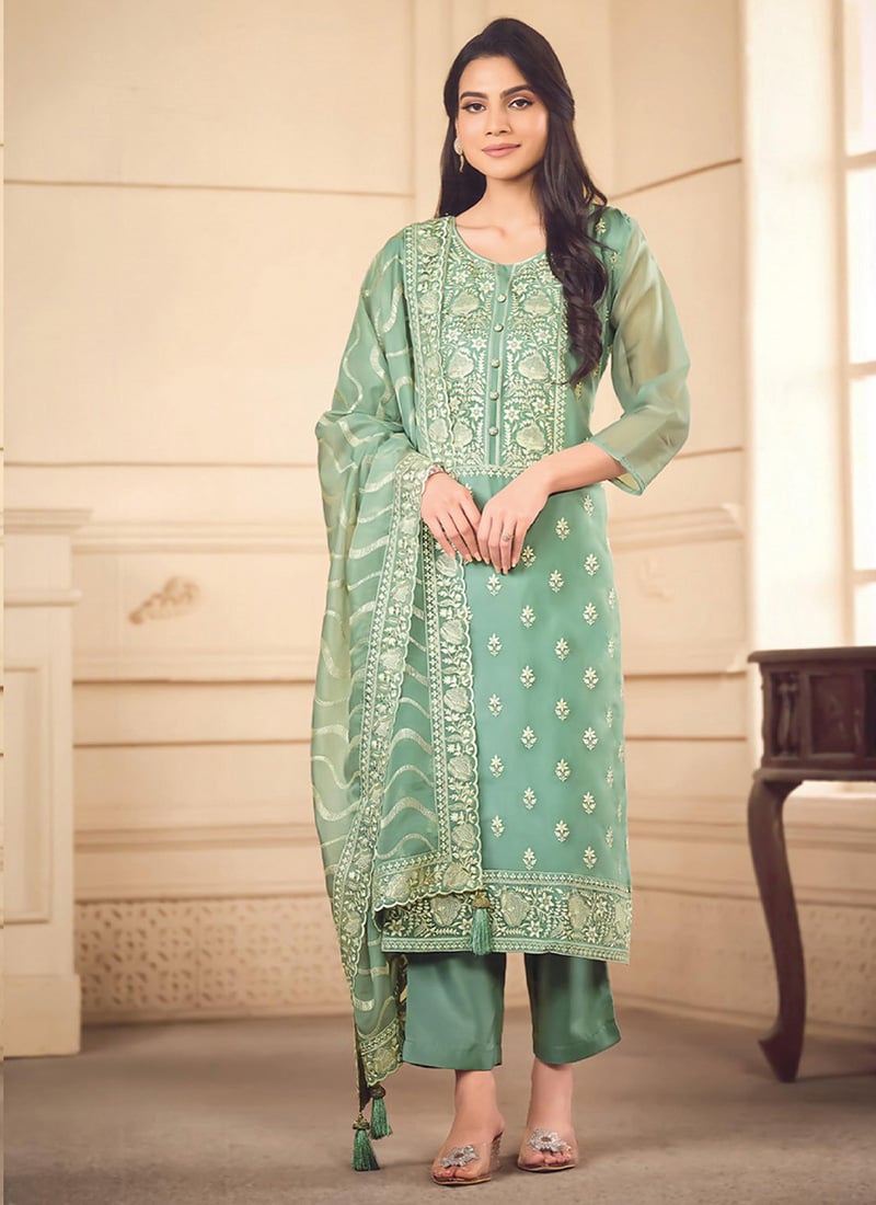 Sea Green Organza Zari Embroidered  Straight Pant Suit Festive Wear