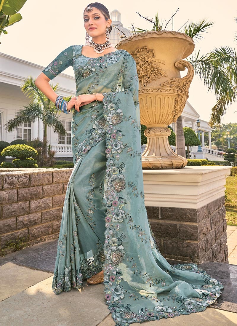 Sea Green Organza Zari Sequins Embroidered Beads Zarkan Stones Cutdana Saree Wedding Wear