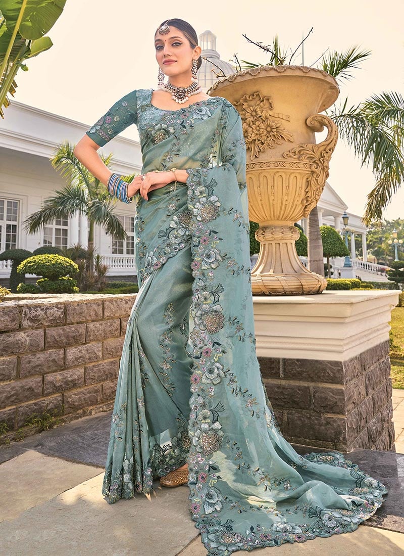 Sea Green Organza Zarkan Embroidered Sequins With Beads And Stone Work Saree Wedding Wear