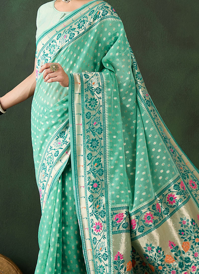 Niya Sea Green Poly Cotton Zari Weaving Half Saree Lehenga