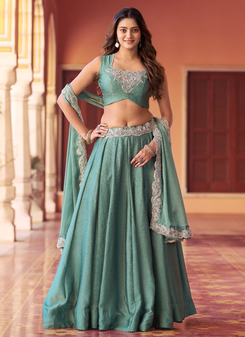 Sea Green Rangoli Silk Embroidered Sequins Lehenga Festive Wear