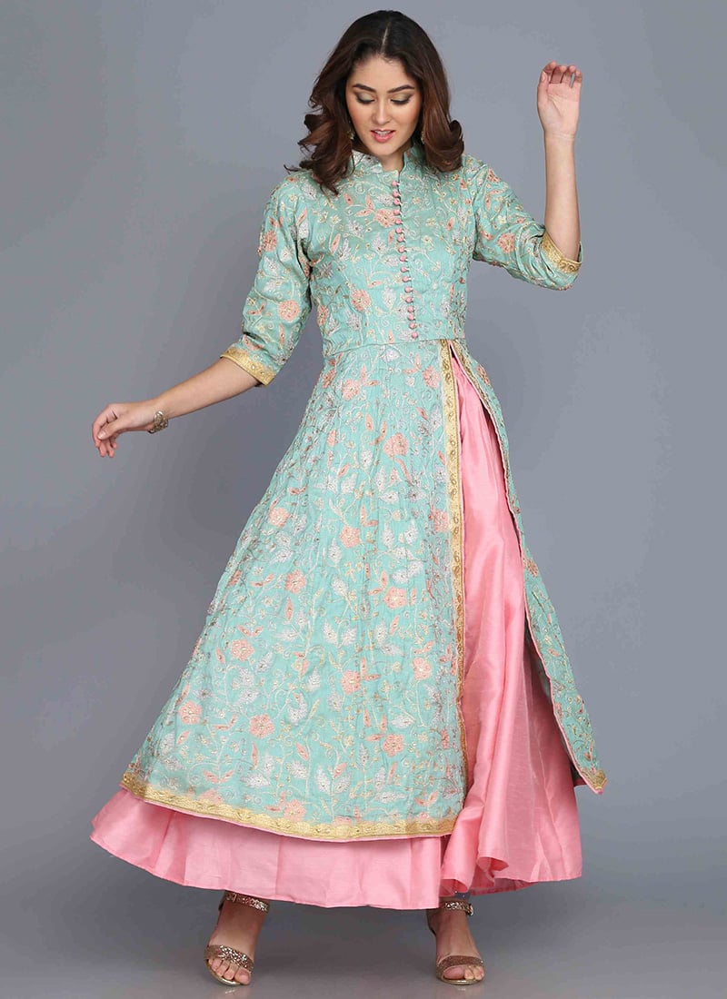 Sea Green Raw Silk Embroidered N Stones Long Kurti