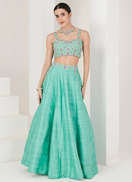 Sea Green Raw Silk Hand Embroidered Sequins And Beads Work Lehenga