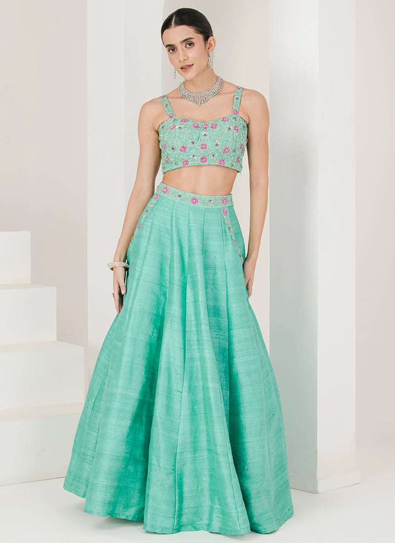 Sea Green Raw Silk Hand Embroidered Sequins And Beads Work Lehenga Wedding Wear