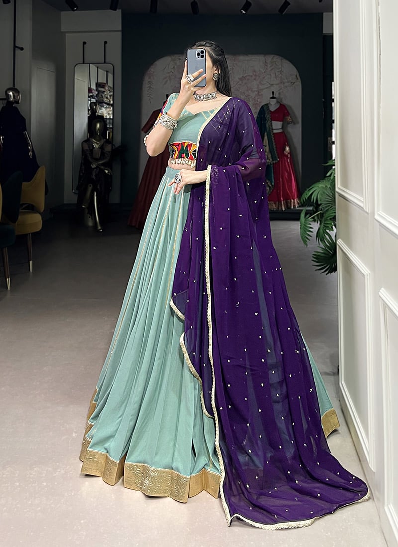 Sea Green Rayon Lehenga With Kutch Work Sequins And Gota Work Festive Wear