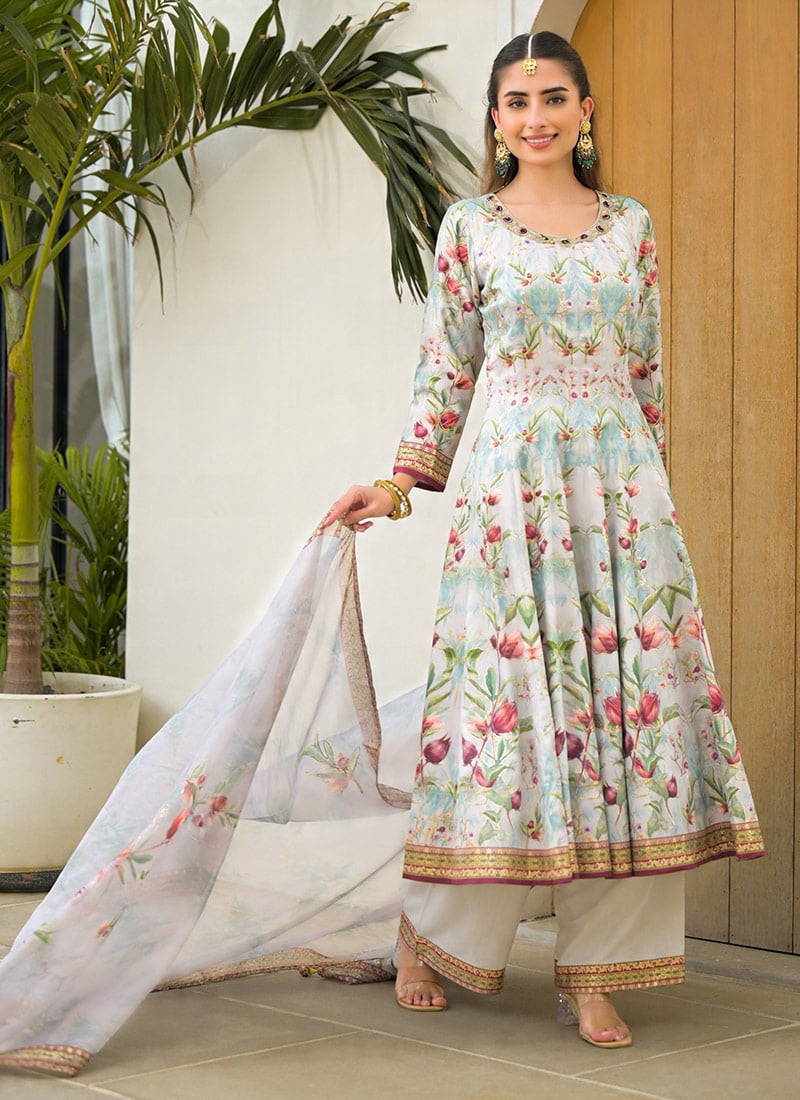 Sea Green Satin Silk Digital Foil Print Hand Embroidered Anarkali Suit Festive Wear