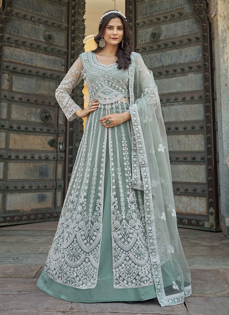 Sea Green Shantoon Stones Embroidered A Line Lehenga