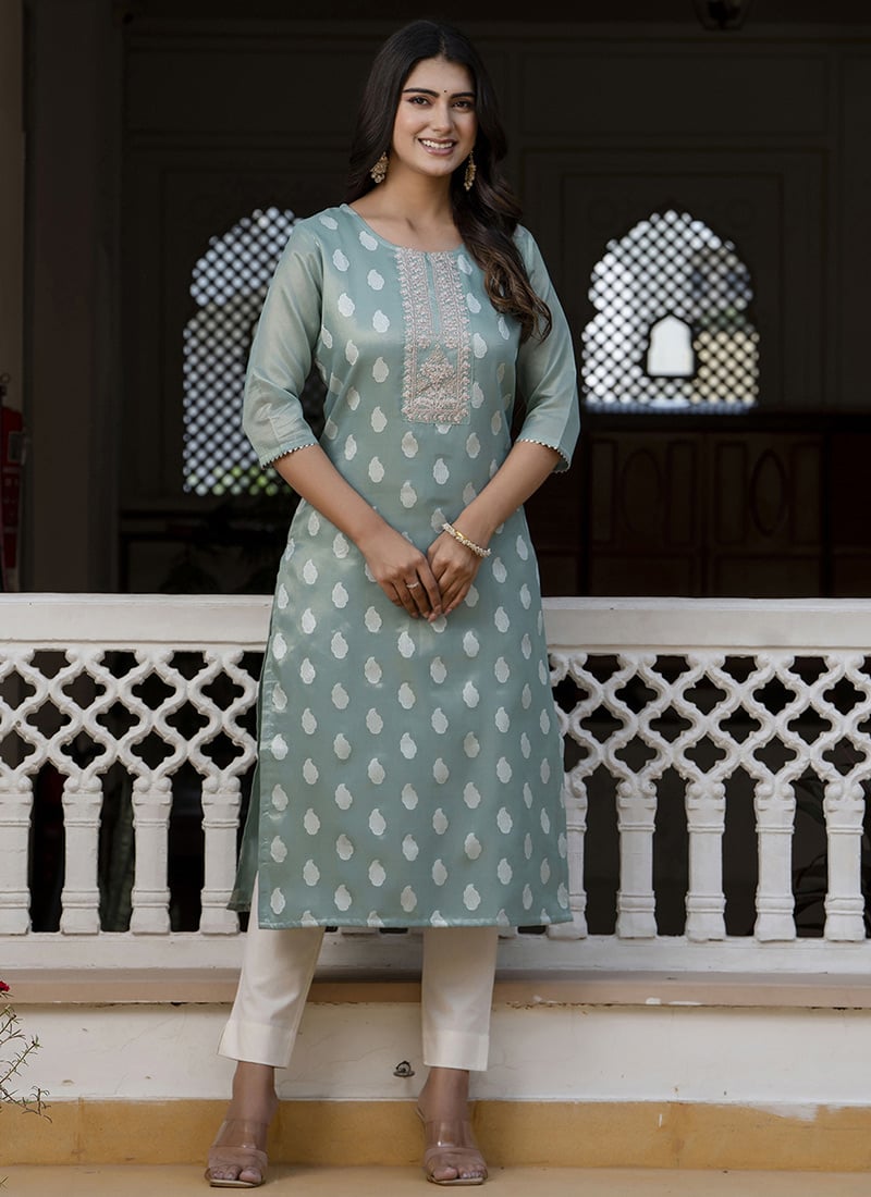 Sea Green Shimmer Silk Embroidered Long Kurti
