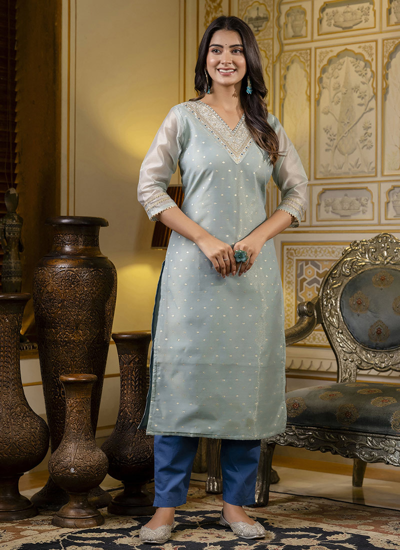 Sea Green Shimmer Silk Embroidered Long Kurti After Six Wear