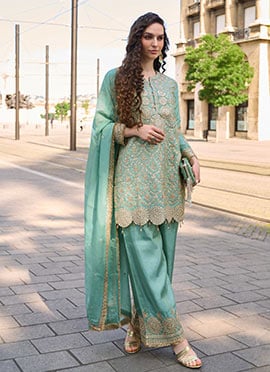 Sea Green Shimmer Silk Embroidered Sequins And Stones Palazzo Suit Festive Wear