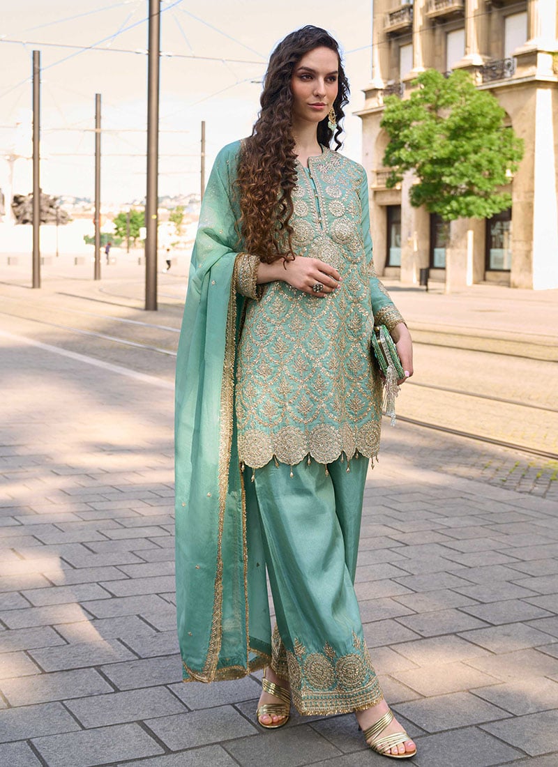 Sea Green Shimmer Silk Embroidered Sequins And Stones Palazzo Suit Festive Wear