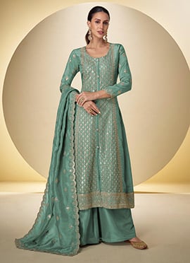 Sea Green Shimmer Silk Embroidered Sequins High Slit Palazzo Suit