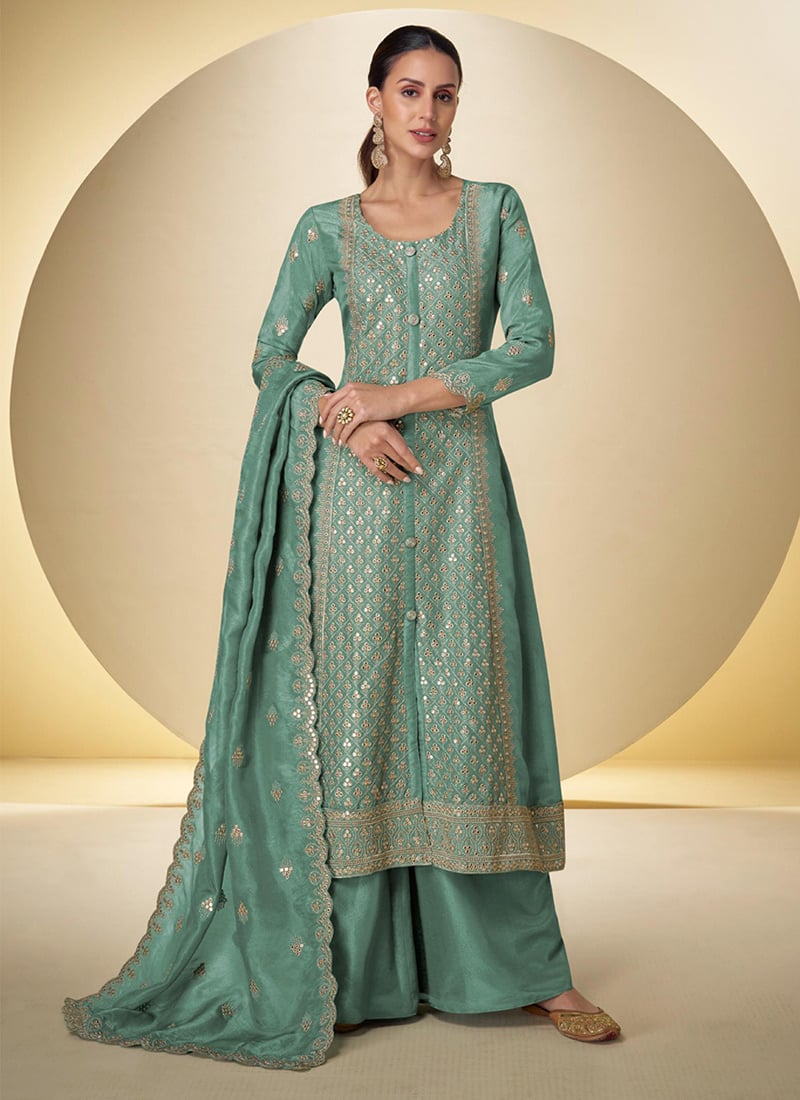 Sea Green Shimmer Silk Embroidered Sequins High Slit Palazzo Suit Festive Wear